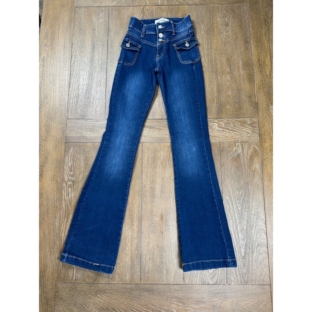 Telepatia Womens 00/23 Dark Wash Flare Jeans Button Fly Low Rise Stretch Denim